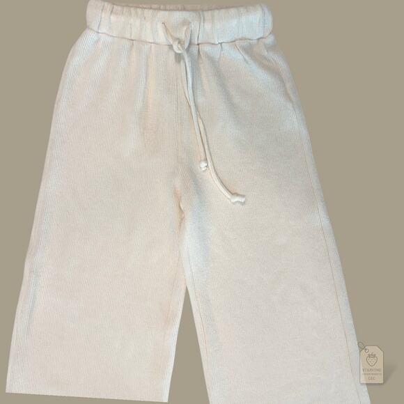 GB Cream Ribbed Knit Wide Leg Pants XS Cozy Lounge High Rise Drawstring - Picture 3 of 6